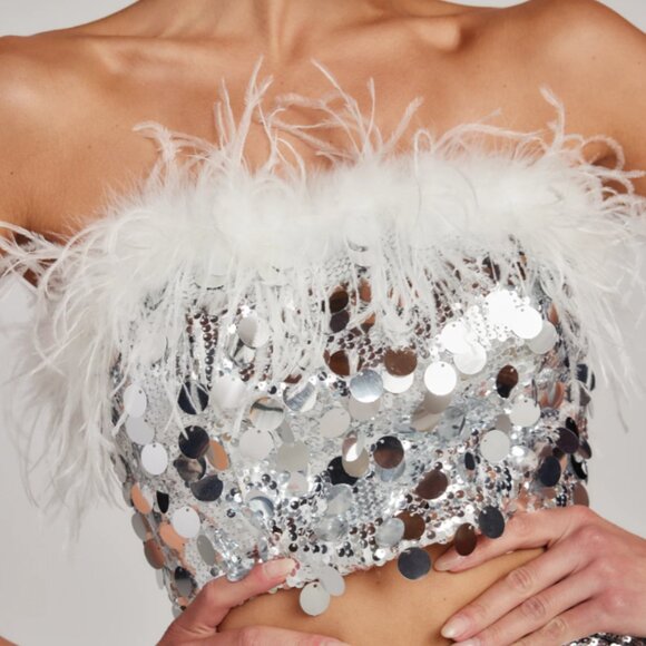 12th Tribe Sella Silver Sequin & Feather Trim Tube Top - Picture 4 of 4